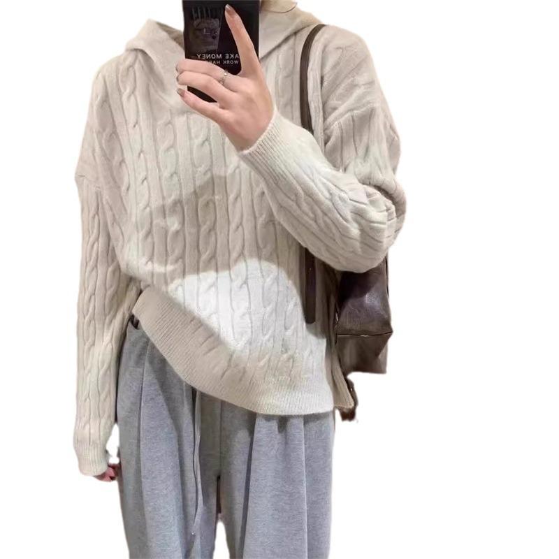 Herbst und Winter Retro Mode Freizeit Unifarben Zopf Pullover Kapuzenpullover Damen Locker Fauler Stil Weich Wachsig Einfach