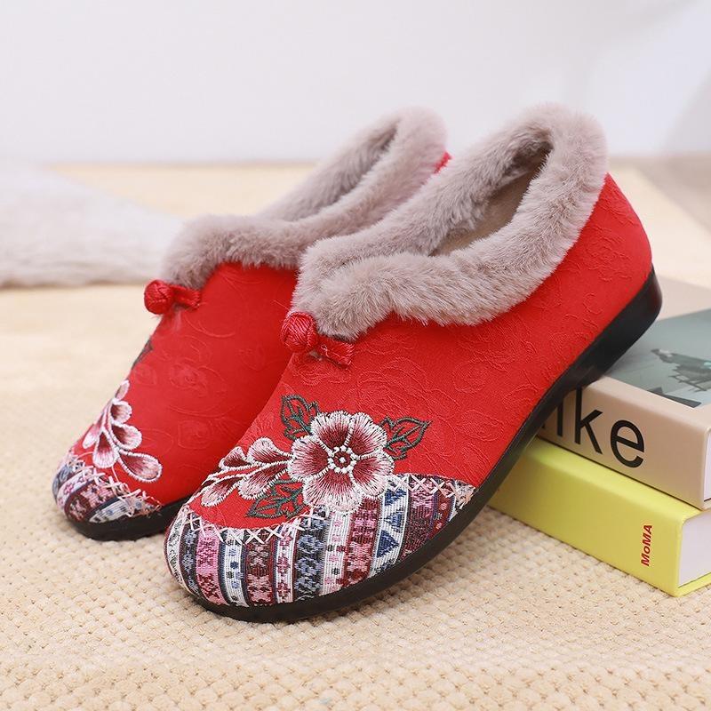 Womens Slip on Winter Shoes Thickened Warm Lined Cushioned Sole Floral Pattern Low Heel Round Toe Ankle Boots with Plush Lining