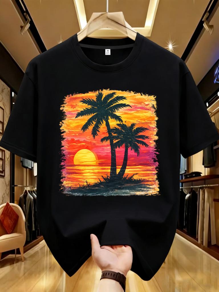 Wds01488 Sunset Palm Tree Summer Graphic Plus Size Unisexs Printed Crew Neck Tshirt Summer Casual Short Sleeve Street Style