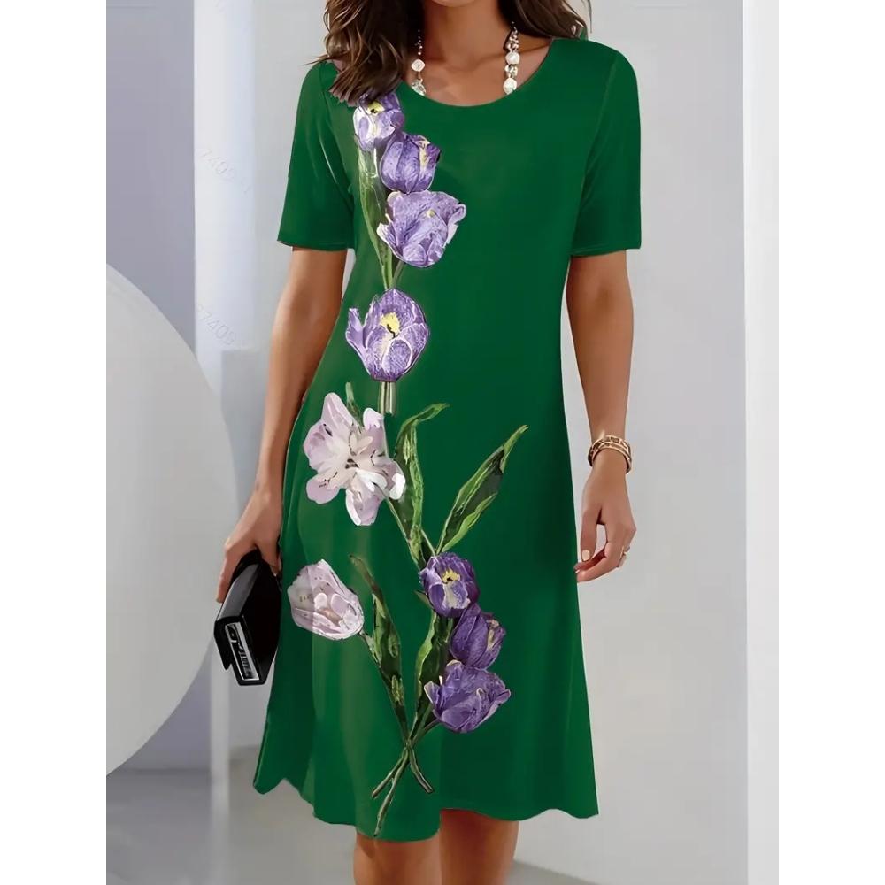 Women's Short-sleeved A-line Skirt 3d Color Printed Pullover Dress Fashionable and Elegant Summer Loose Round Neck Dress