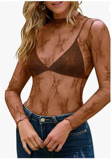 Women's Mesh Transparent Lace Layered Top Neck See-Through Shirt