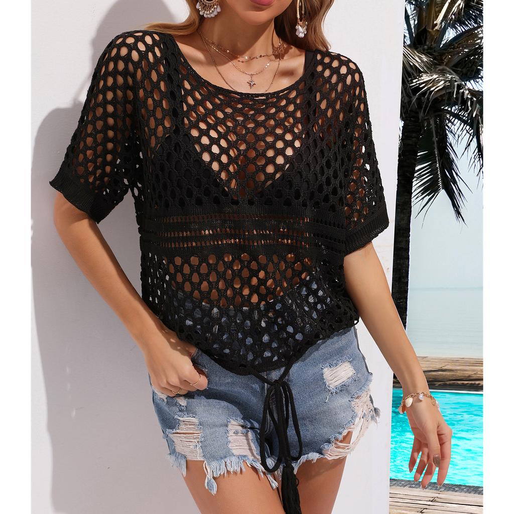 Women Crochet Hollow Out Cover Up Top Drawstring Crew Neck Short Sleeve Knitted Bikini Cover Up White S