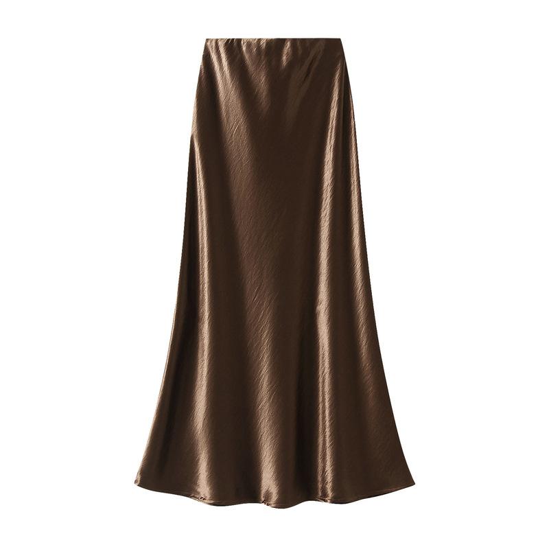 Qooth Elegant Women Satin Fishtail Skirt Maxi Length Bodycon Slim Elastic Waist Skirt QT2762