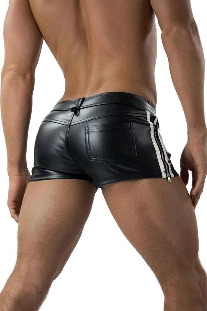 Leather Black Men Short Pants Soft Side Zip Lambskin Gym Sports Boxer Pocket