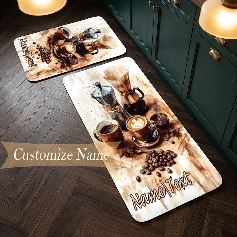 Cozy Coffee (19) Customize Name Flannel Kitchen Mat Soft Non-Slip Kitchen Floor Runner Rug for Home Kitchen Decor