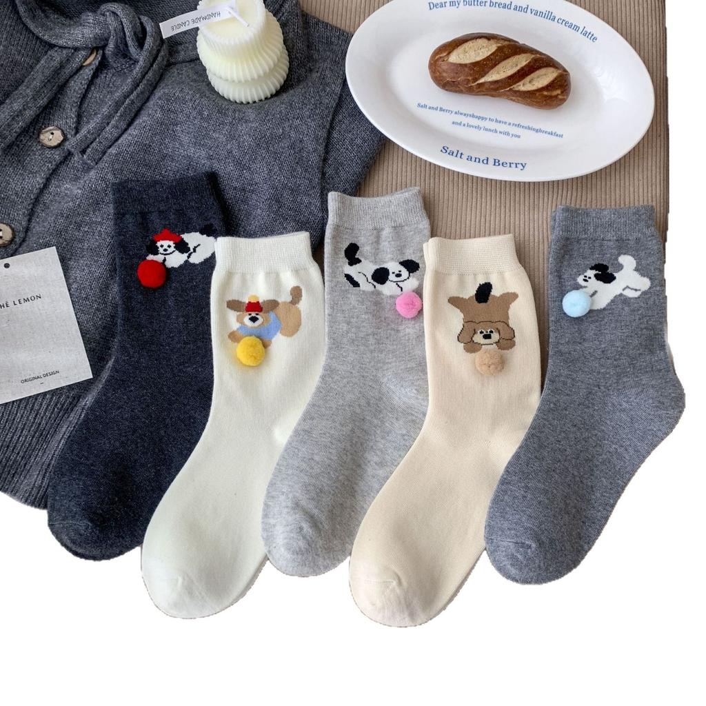 Socks, Medium Tube, Spring And Autumn Hairballs, Cartoon Dog Boneless Socks, Sweat-Absorbing, Breathable, Simple And Versatile, Cute Cotton Socks