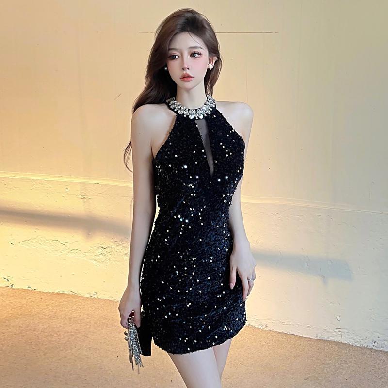 Robe courte noire scintillante à paillettes pour femme, col licou, patchwork, slim, vintage, élégante, robe de soirée, moulante, robe d'anniversaire