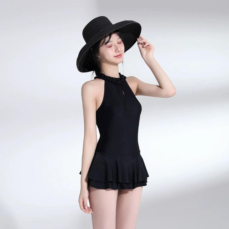 Women's Korean Style One-Piece Swimsuit - Black, Skirted, Backless, Slim Fit, Belly Covering