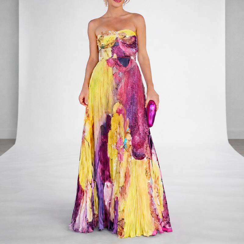 Spring new, fashionable and sexy printed pleated suspender dress dress S