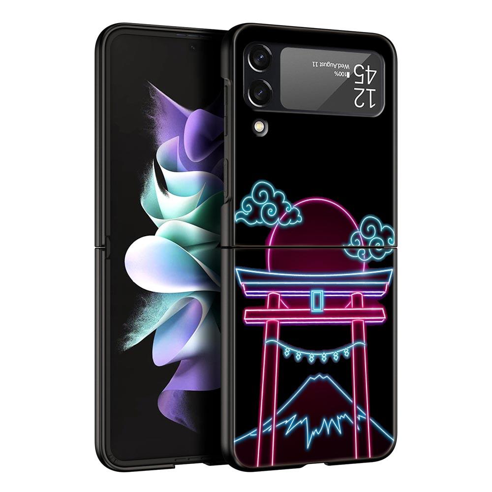 Phone Case for Samsung Galaxy Z Flip 3 4 5 Folding Mobile Shell Hard PC Fundas Capa Protect Cover Flamingo Neon Flower Wave Art