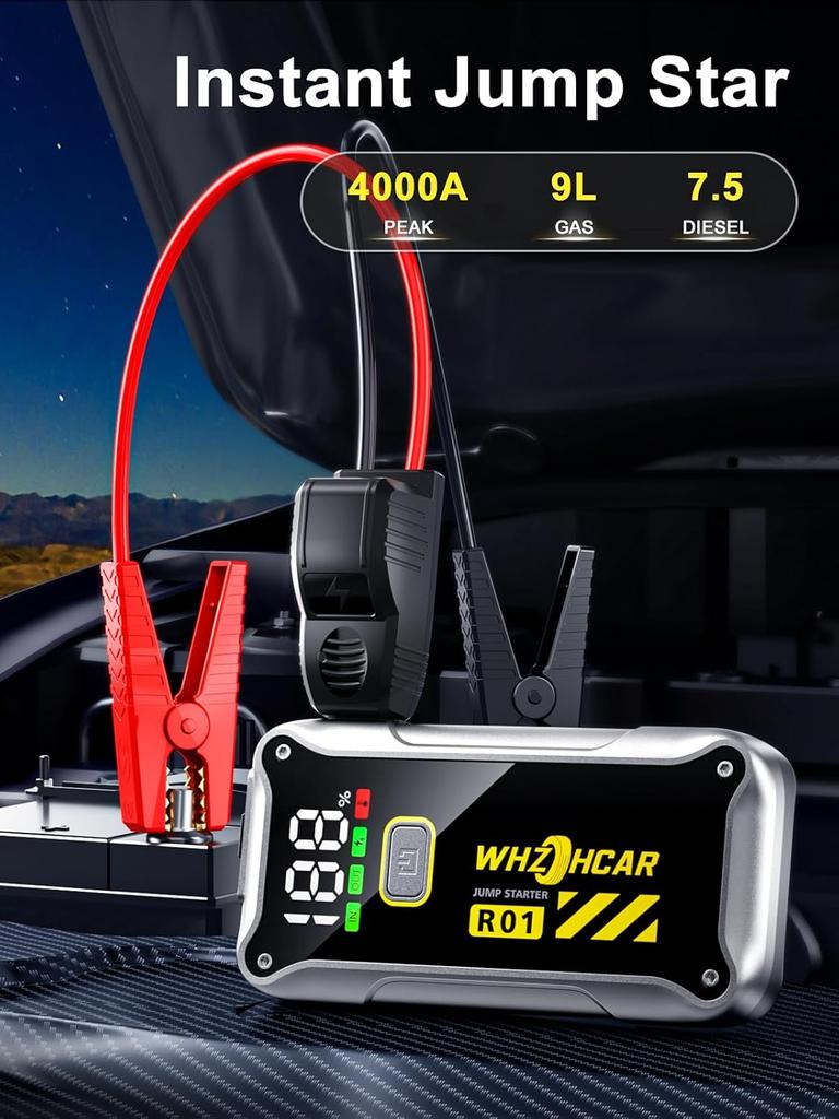 Car Jump Starter 12V 4000A, Fast Charging Portable Battery Pack with LCD & LED Light