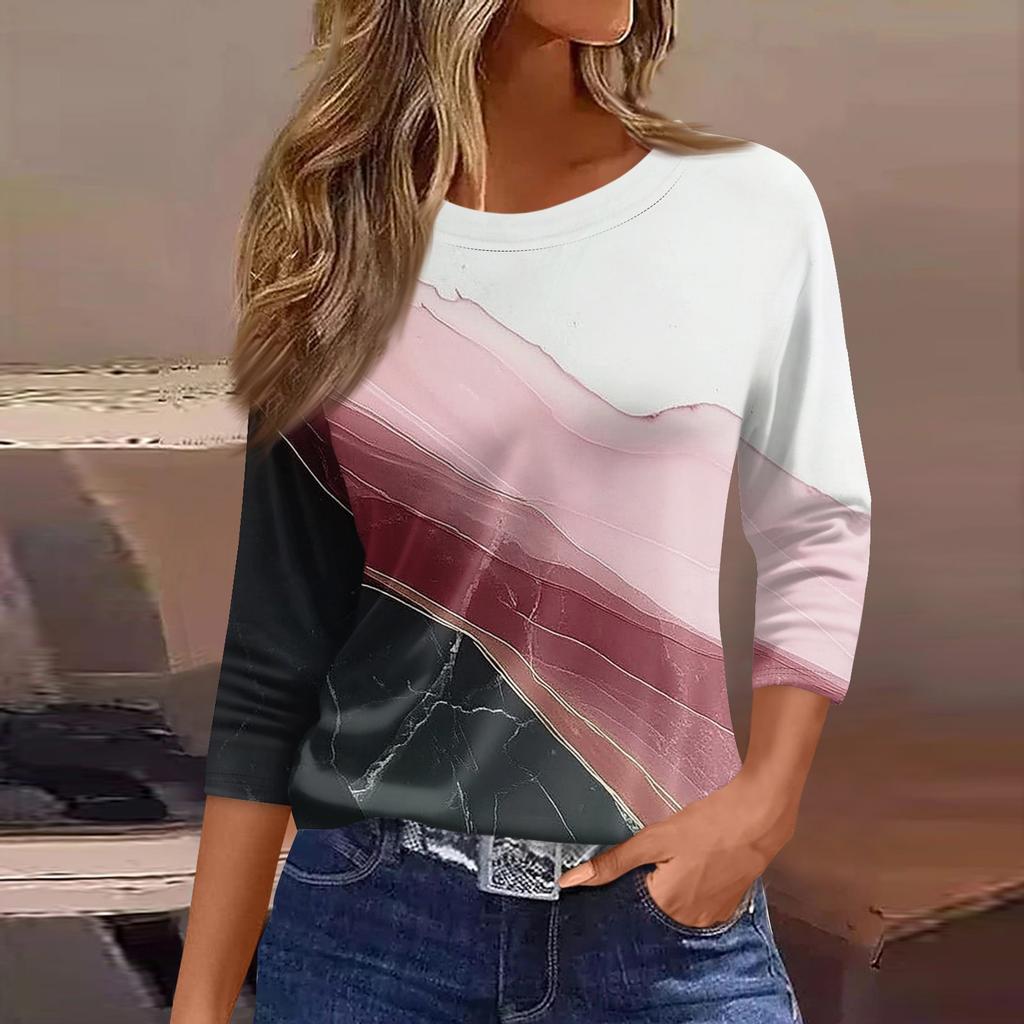 Women's Three-Quarter Sleeve Shirt, Round Neck, Loose Fit, Casual Shirt, Floral Print T-Shirt, Summer