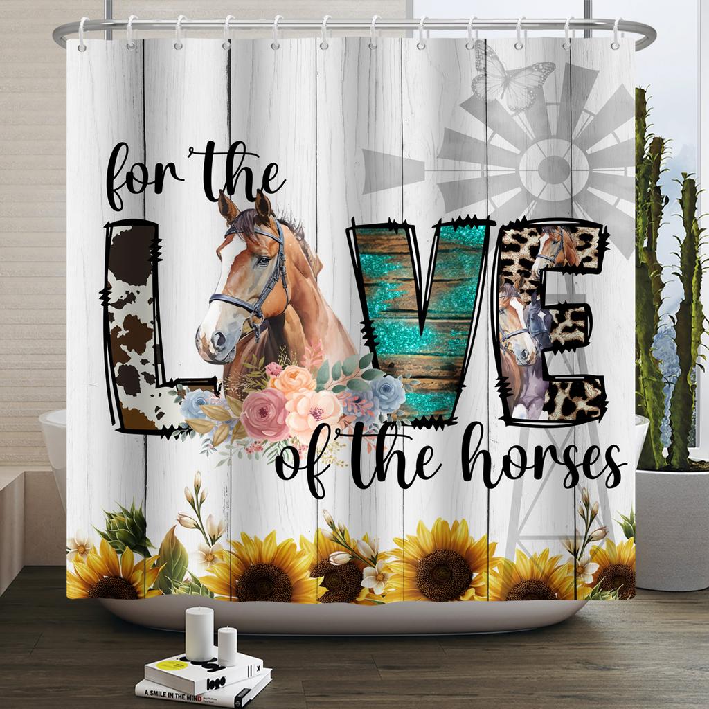 Bauernhoftiere Duschvorhang Niedlich Lustig Kuh Huhn Schwein Blume Pferd Holz Bauernhaus Scheune Rustikal Duschvorhang für Badezimmerdeko