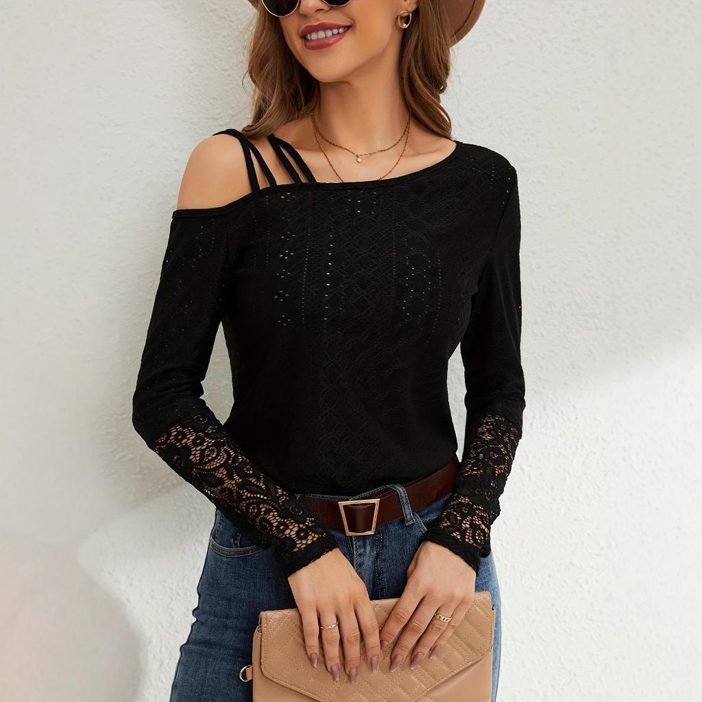 Autumn Asymmetric Crossed Shoulderless Design Lace Splicing T-Shirt Women's Long Sleeve Skinny Versatile Closet Essential Fashion Items Shirt