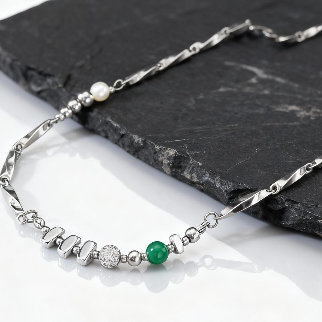 Hiphop Men's Chain Necklace,Green Stone Irregular Metal Beads Collars,Birthday Party Jewelry Gift