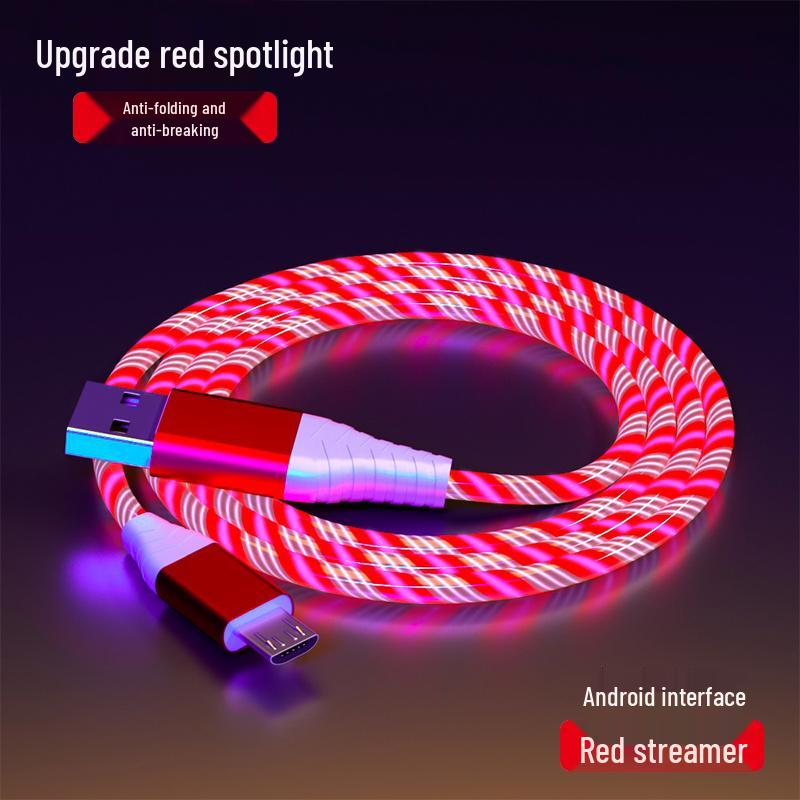 Three-in-One Fast Charging Cable with Flowing LED Lights for Android, iPhone, and Type-C - Seven-Color Night Light