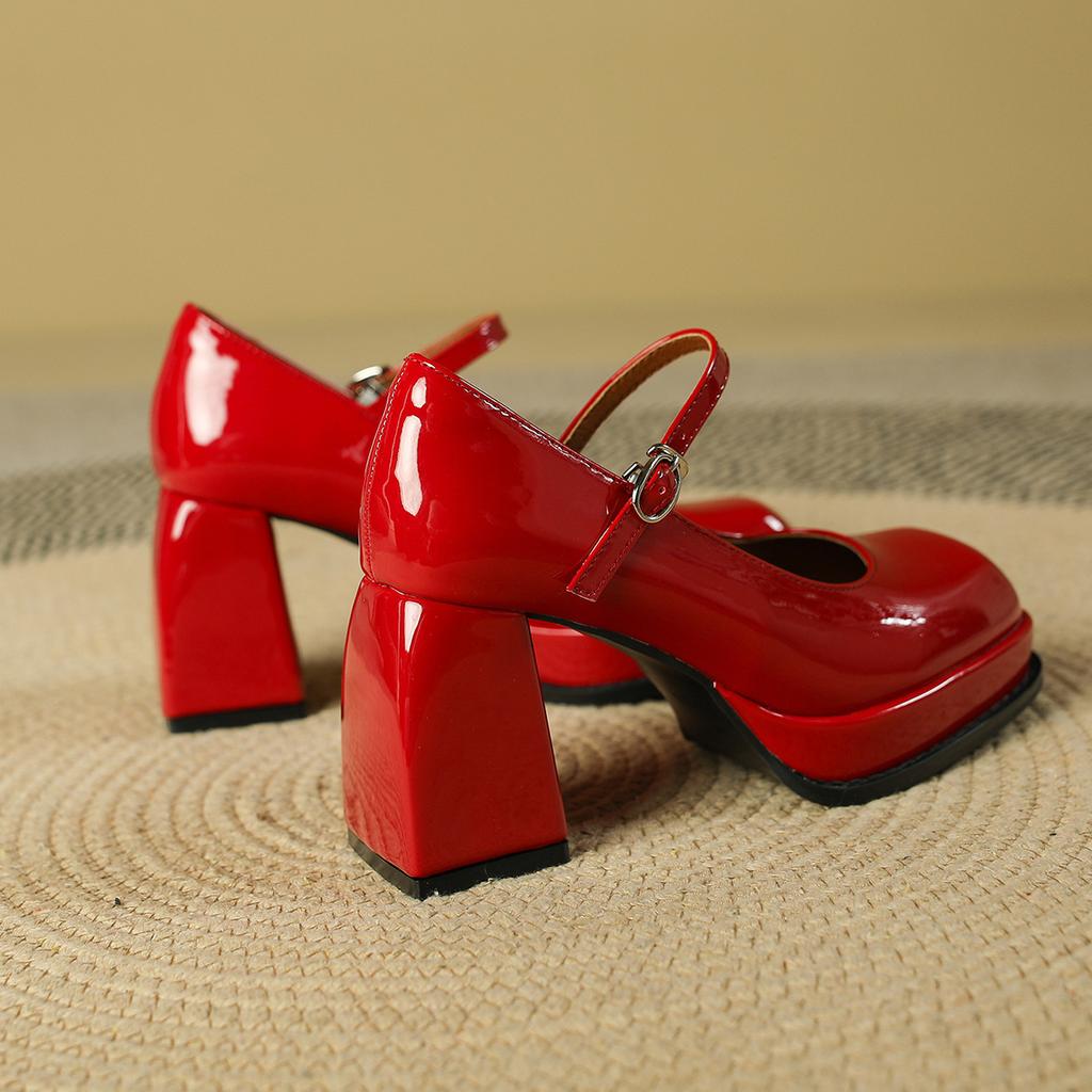 High heels women's 2025 new temperament celebrity waterproof table French thick heel square head Mary Jane shoes one-word buckle belt