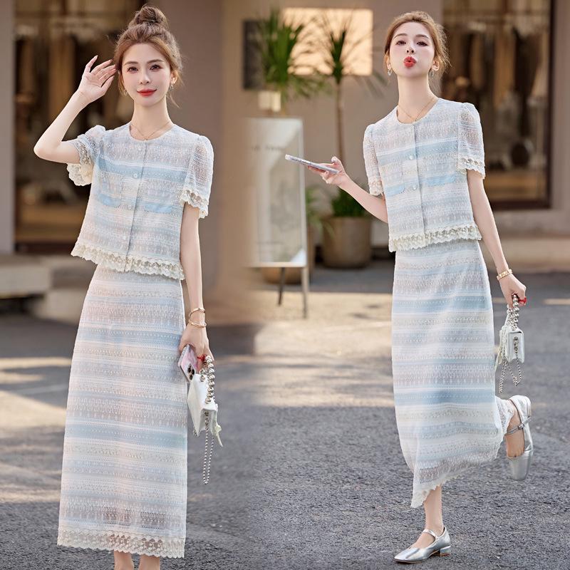 

Летний женский элегантный кружевной топ и юбка 2025 - Маленький ароматный стиль S (approx. 45-53 kg)