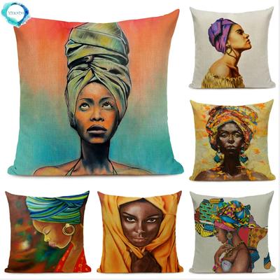 African Portrait Oil Painting Cotton Linen Cushion Cover African Nation Women Decorative Pillowcase Pillow Cover For Home Decor