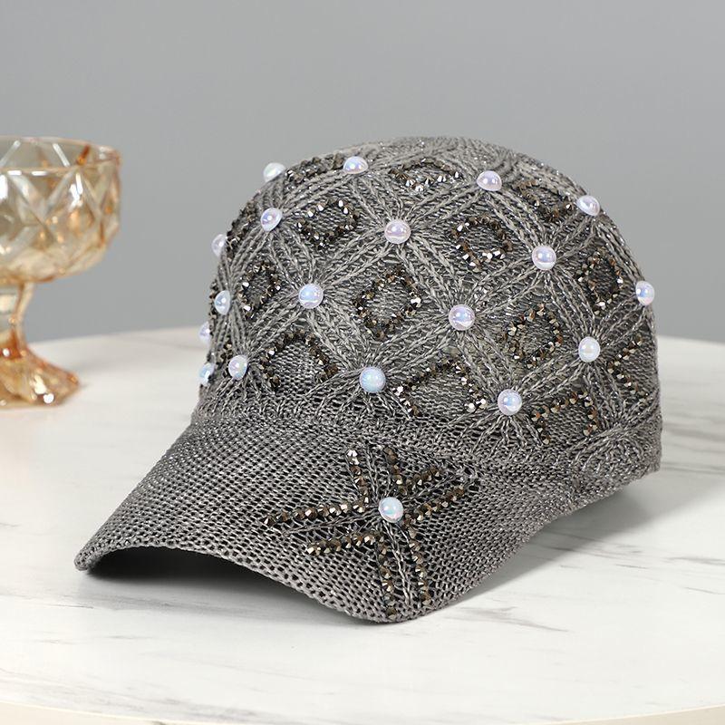 Dame vår sommer baseballcaps mote perle rhinestone rutete caps netting pustende solhatt