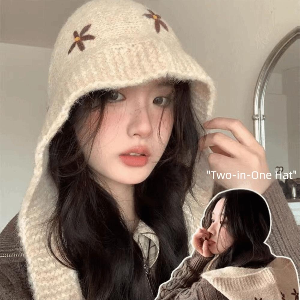 Woolen Fabric Embroidered Flowers Hat Solid Color Warm Neck Collar Winter Season