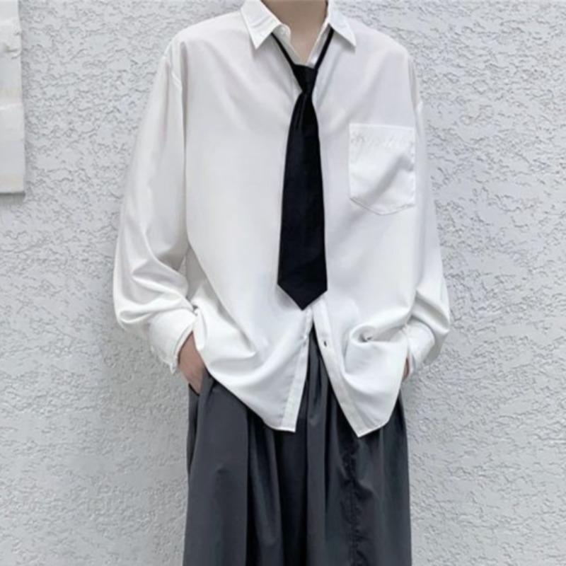 Men's Solid Color Shirt Male Turn Down Collar Black Tie Long Sleeved Shirt New Korean Style Loose Casual Comfortable Top