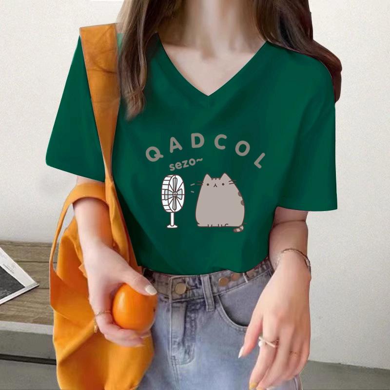 

Cat print V-neck short-sleeved T-shirt women s summer loose casual Korean sweet design top XXXL