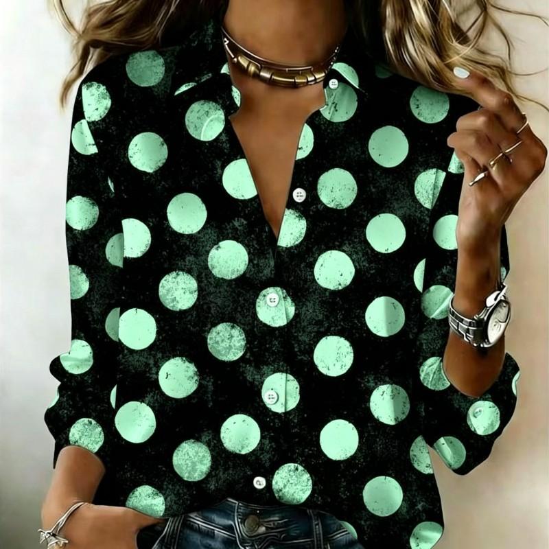 Women Satin Long Sleeve Shirt Big Polka Dot Print Blouse Lapel Single Breasted Loose Office Tops