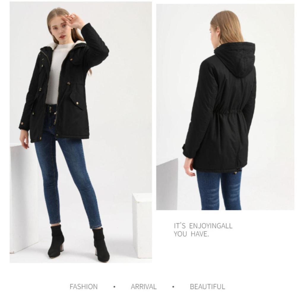 Manteau Parker à Col Capuche Coton Manteau Zippé Mi-Long Saison Hiver Manteau Chaud et Moelleux avec Veste en Coton