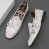 Luxury Designer New Men's Pointed  Camouflage Pattern Leather Flats Shoes Male Wedding Monk Strap Loafers Formal Dress Footwear