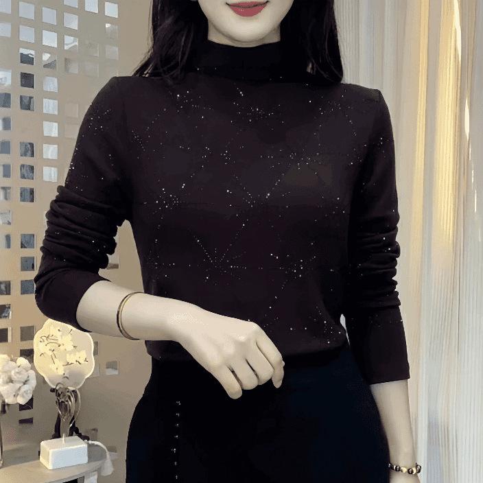 Women's Elegant Rhinestone Half-High Collar Fleece Shirt for Autumn/Winter