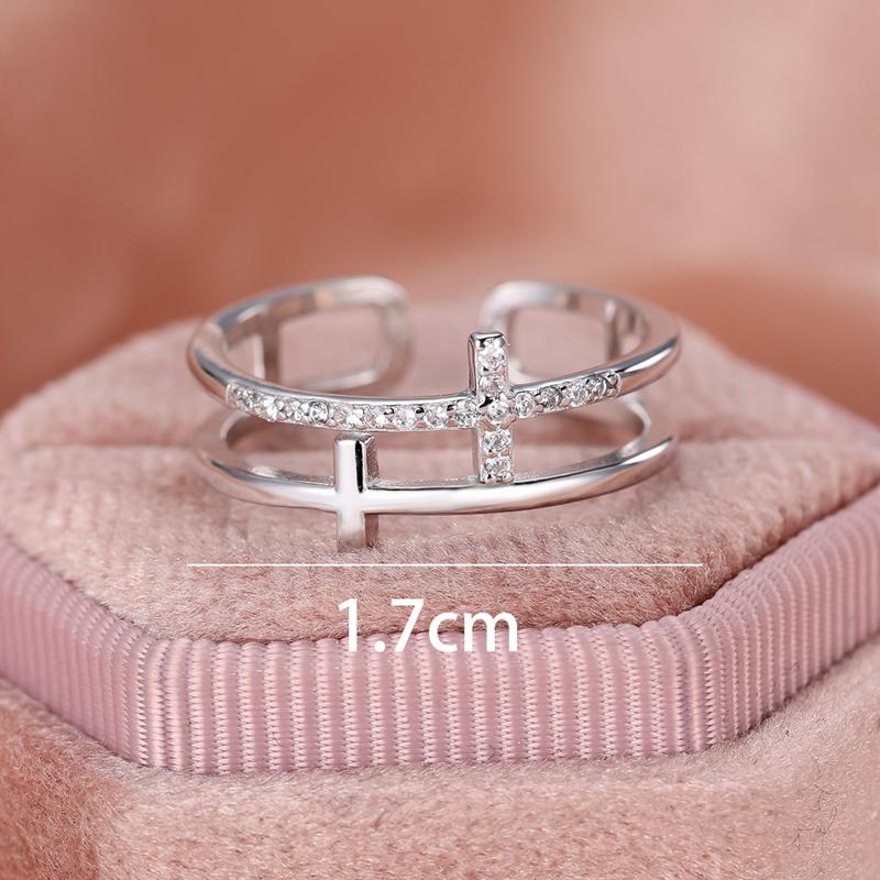Inel în cruce cu zircon alb cu două straturi pentru femei, argint 925 real, inele ajustabile, deschise, bijuterii de nuntă pentru petrecere