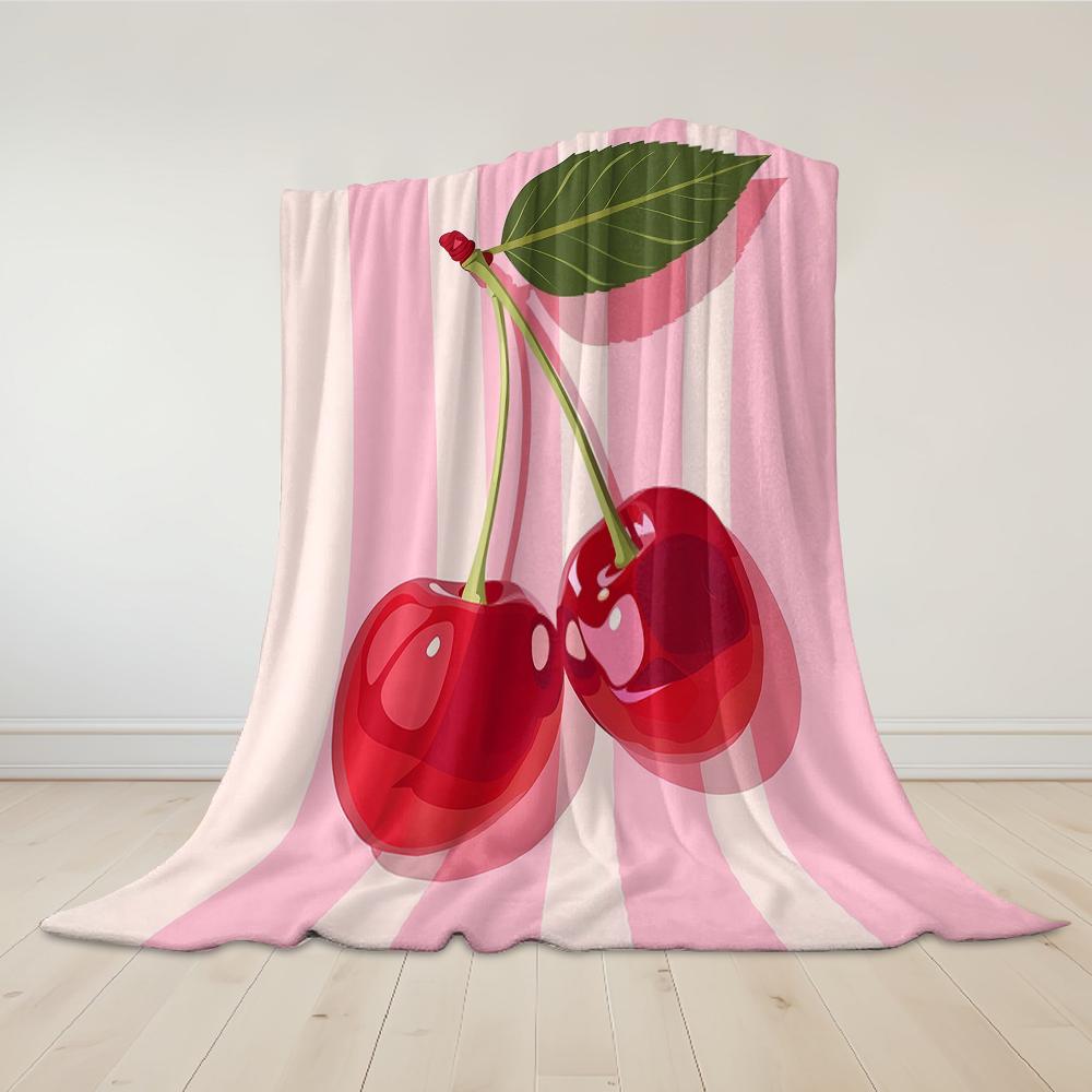 Cherries on Pink Stripes Flannel Blanket Warm Soft Halloween Christmas Couch Warm Cozy Decorative Decor Gift for All Season