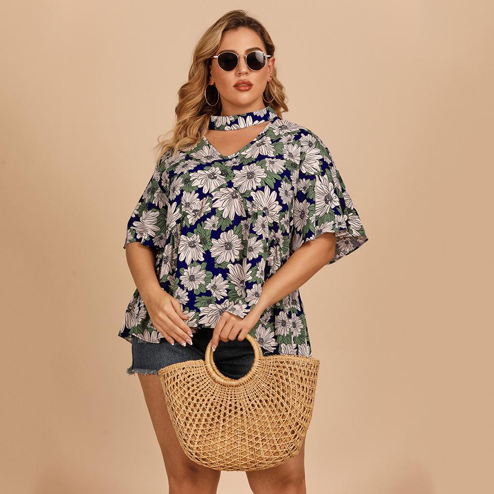 

Летняя женская рубашка большого размера, темпераментная пригородная рубашка с висячим воротником и рукавами лотоса, рубашка с цветочным принтом 4XL темно-синий