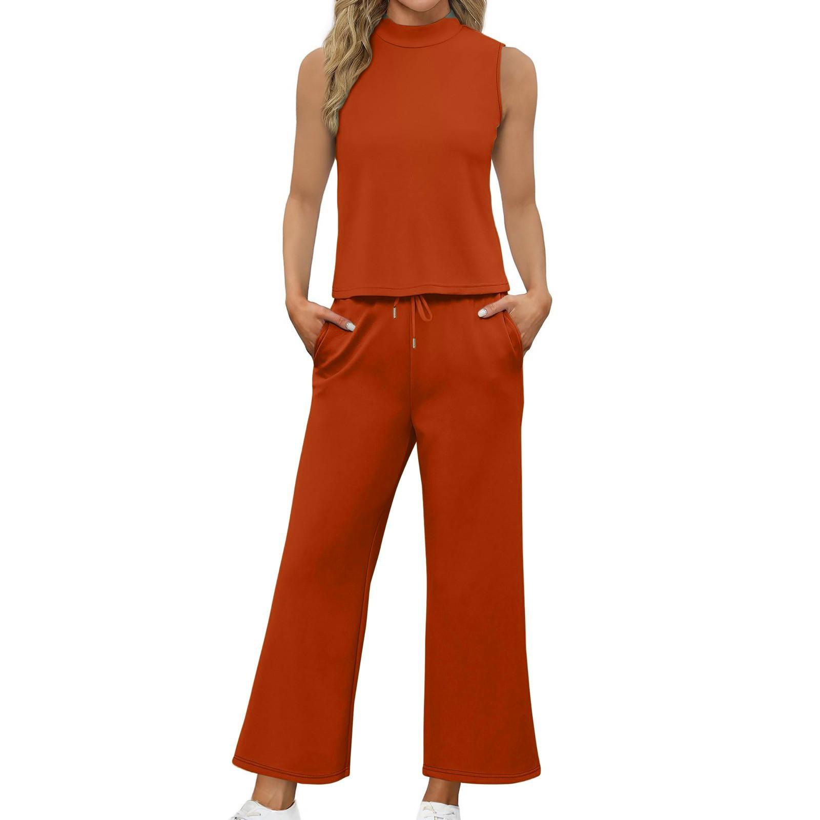 

Женский повседневный модный комплект без рукавов с широкими свободными брюками и высоким воротом L оранжевый