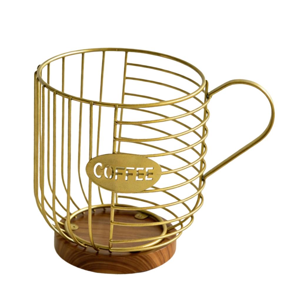 Metal Coffee Pod Wire Basket with Wooden Base Large Capacity Coffee Pod Holder for Kitchen Countertops Coffee