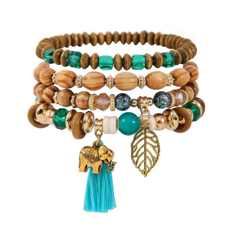 Boho Beaded Tree Leaf & Elephant Pendant Layered Tassel Bracelet