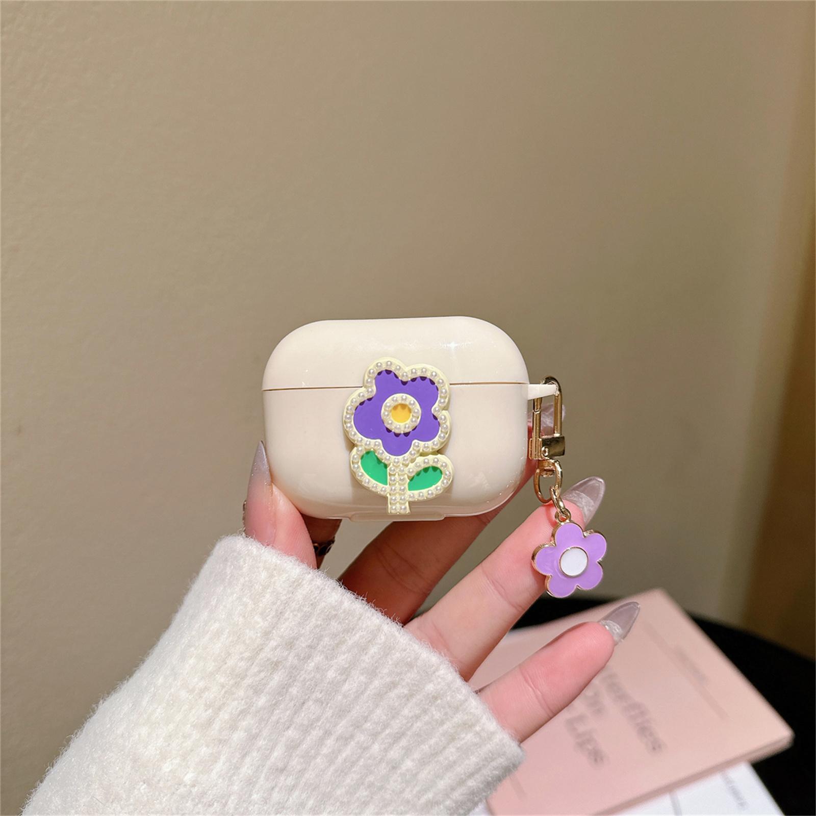 

For Apple AirPods Pro Case Pearl Flower TPU Cover Earphone Organizer Carrying Case with Pendant Pink Green Flower