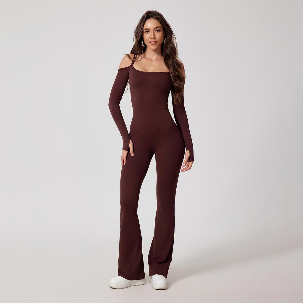 European & American Off-Shoulder Backless Jumpsuit with Double Shoulder Straps, Long Sleeves & Flared Pants