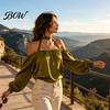Breathable Women Shirts Summer Off-Shoulder Shirt, Long Sleeve Casual Halter Top, Shirt Solid Color Loose Satin Blouse for Daily Office