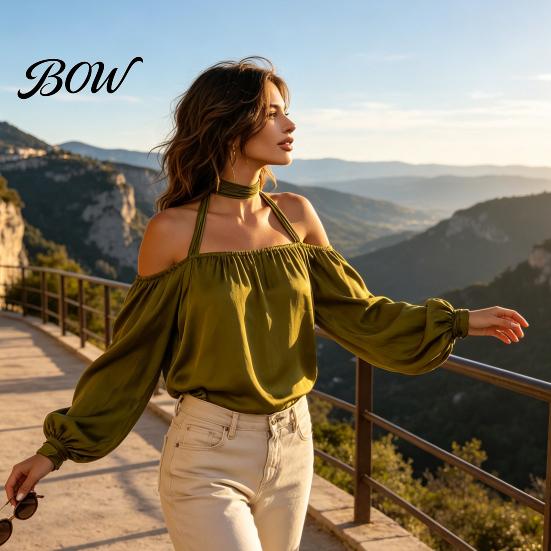 Breathable Women Shirts Summer Off-Shoulder Shirt, Long Sleeve Casual Halter Top, Shirt Solid Color Loose Satin Blouse for Daily Office