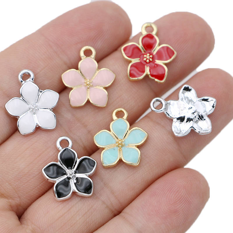 10Pcs Silver Plated Red Enamel Sakura Flower Charm Pendant For Jewelry Making Bracelet Earrings Necklace Diy Accessories Craft