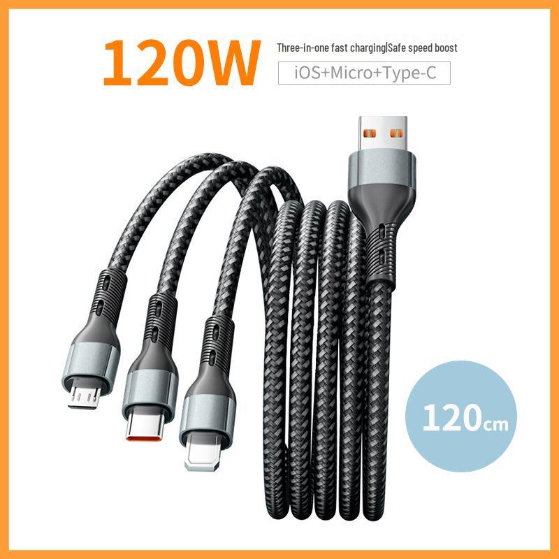 100W Transparent One-to-Three Braided Fast Charging Cable for Apple, Huawei, and Type-C Devices.