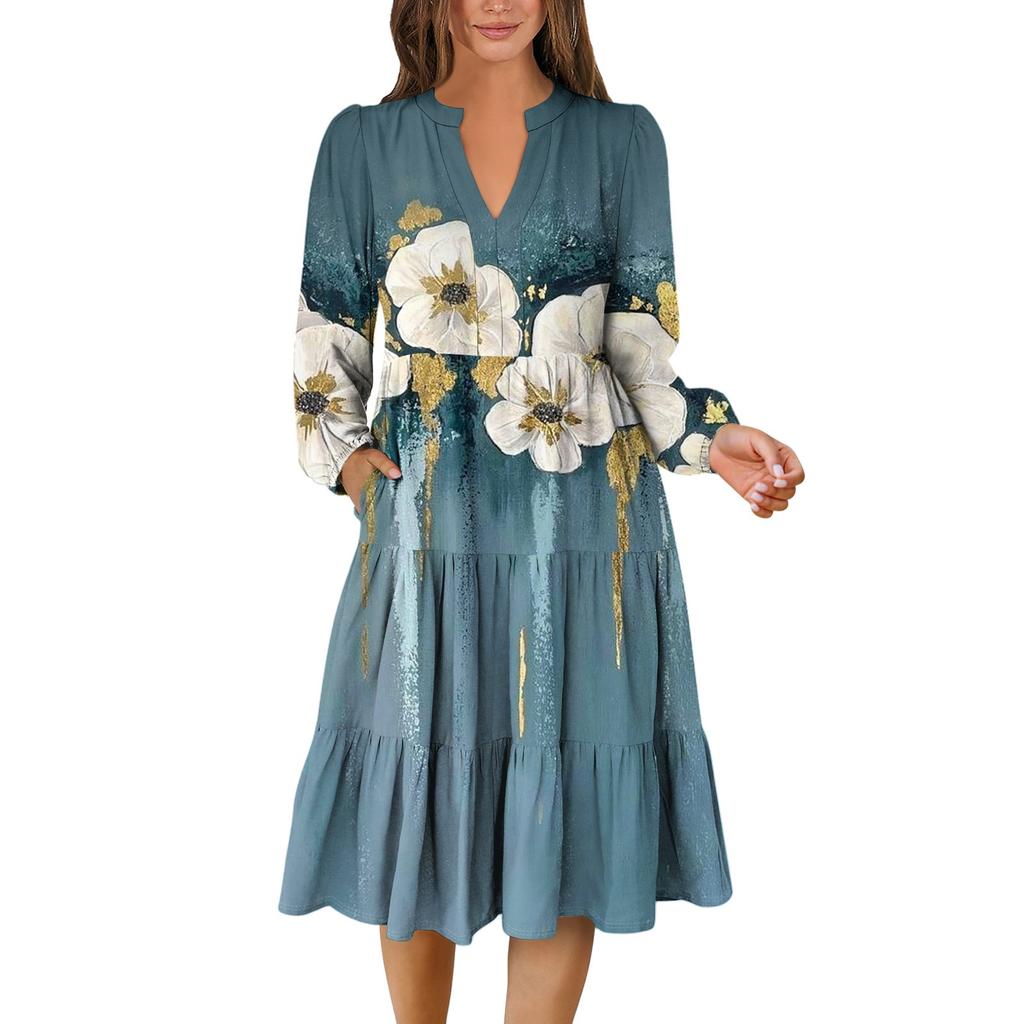 Women's V-Neck Flowing Layered Bohemian Long Sleeve Floral Print Dress