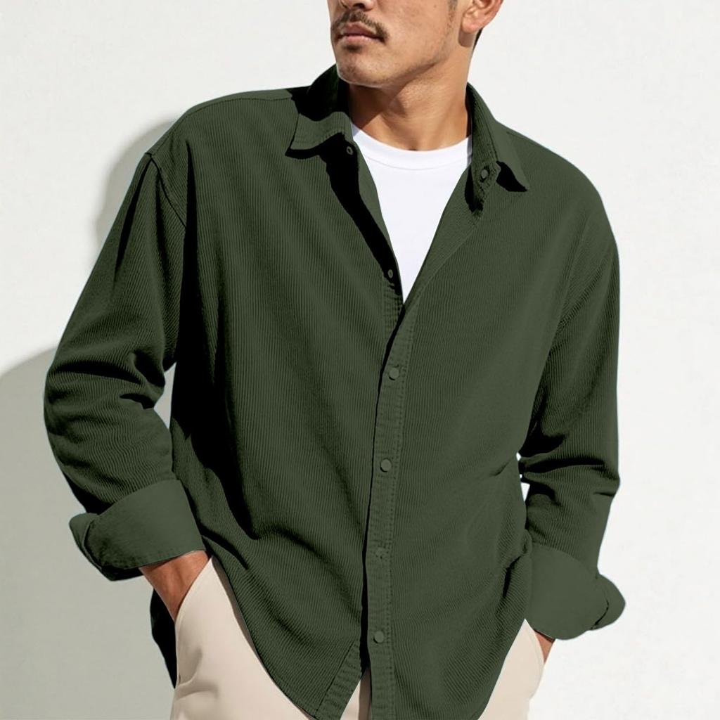 Men's Casual -color Lightweight Breathable Corduroy Button-down Shirt - Men's Stylish Loose-fitting Long-sleeved Shirt