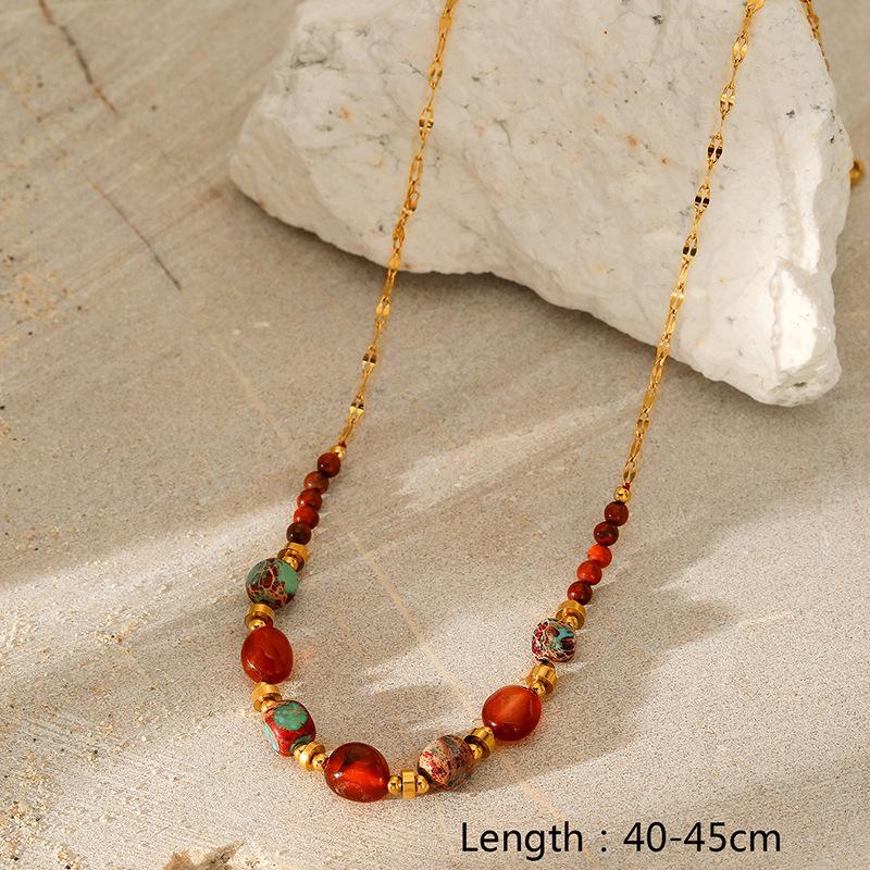 Colorful Natural Stone Titanium Steel Pendant Necklace Women Multi Layer Fashion Chain Collarbone Jewelry Gift