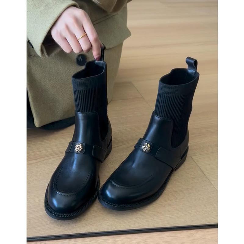 Cowhide version~ Leather camellia elastic thin boots women's versatile retro British thick heel short boots socks boots Martin boots