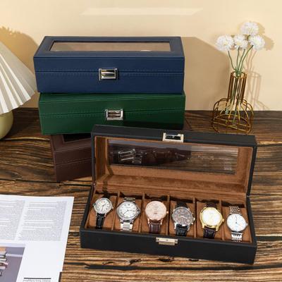 PU Leather 6-Slot Watch Storage Box with Deerskin Velvet Interior and Window Opening