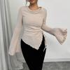 Women's Fashionable Casual Long,Sleeved Color Irregular Hem Flared Sleeves Drawstring Design Slim Fit Pullover Round Neck T,Shirt Top