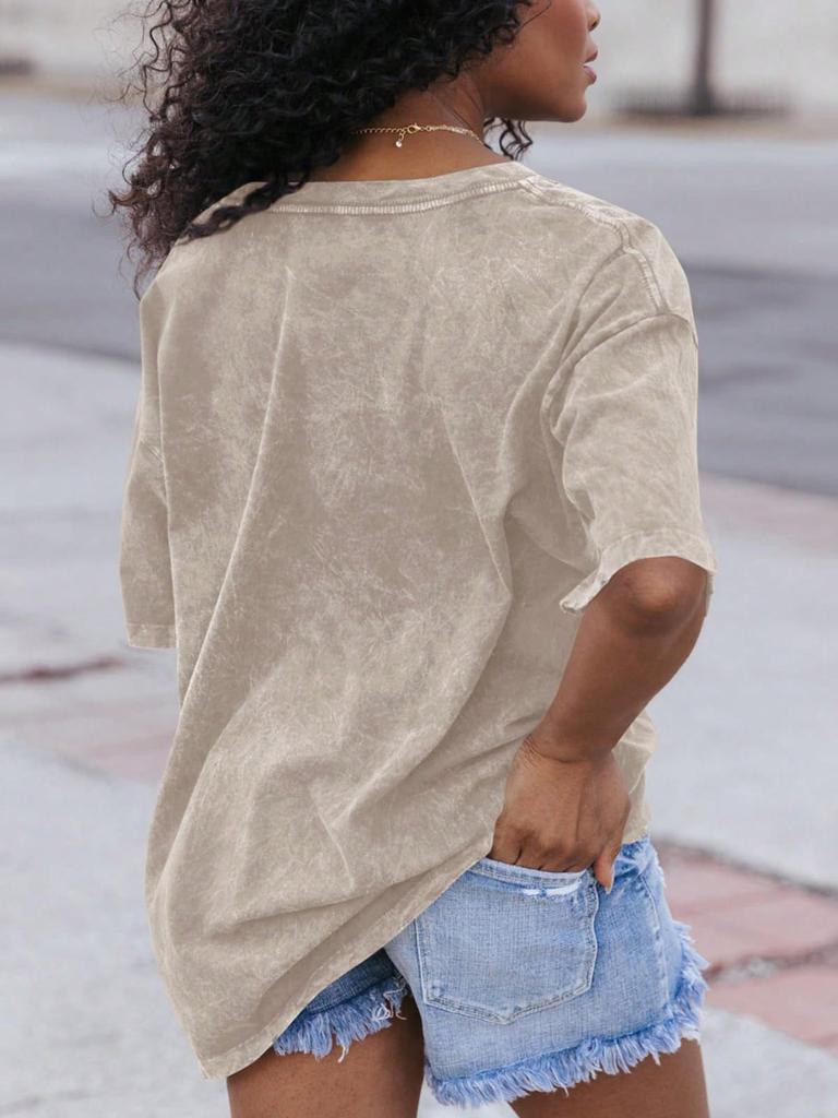 Womens Cotton V Neck T Shirt Short Sleeve Oversized Boyfriend Tunic Tee
